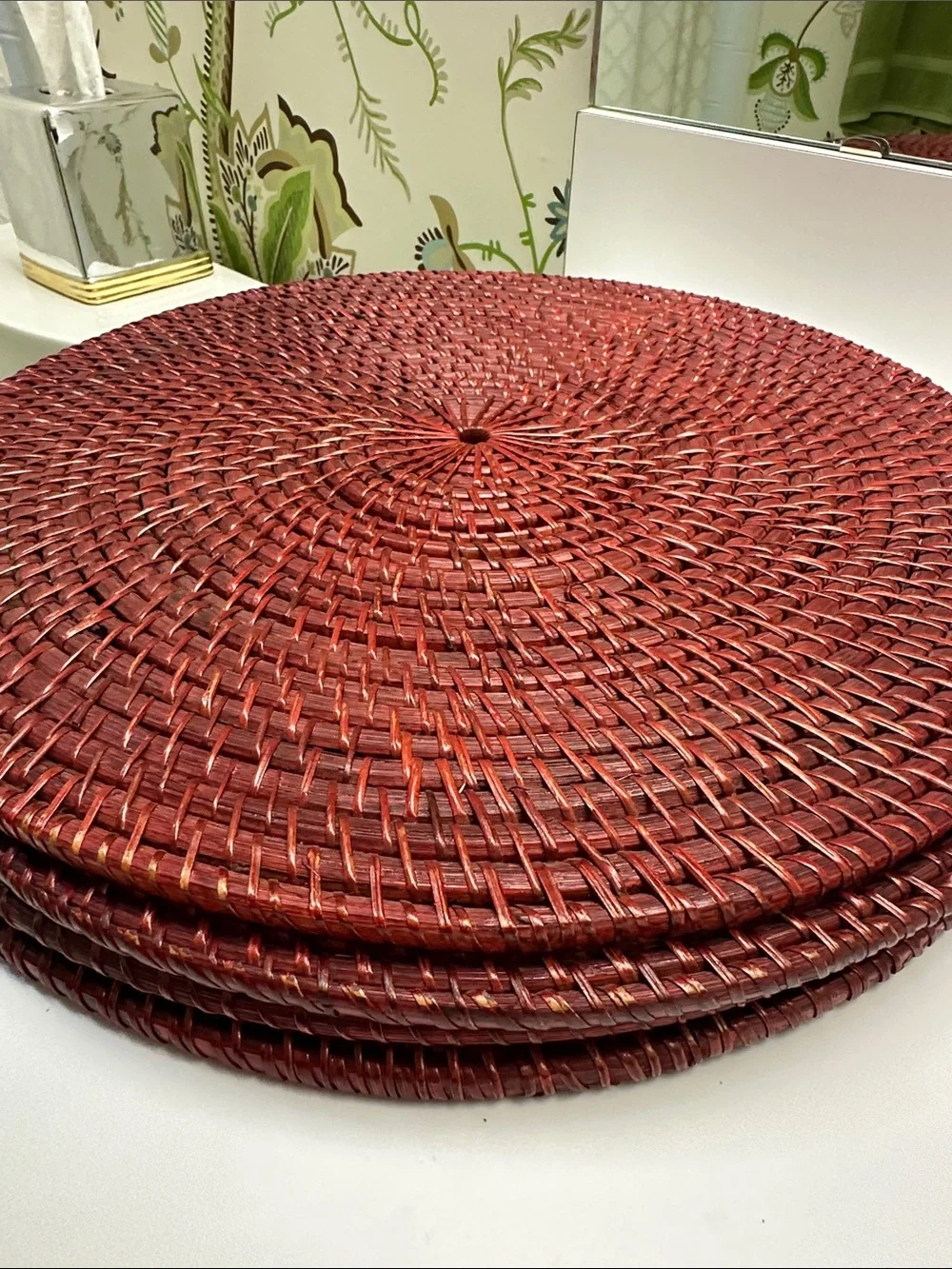 Set of 4 Round Woven Wicker Chargers/Placemats in Deep Red
